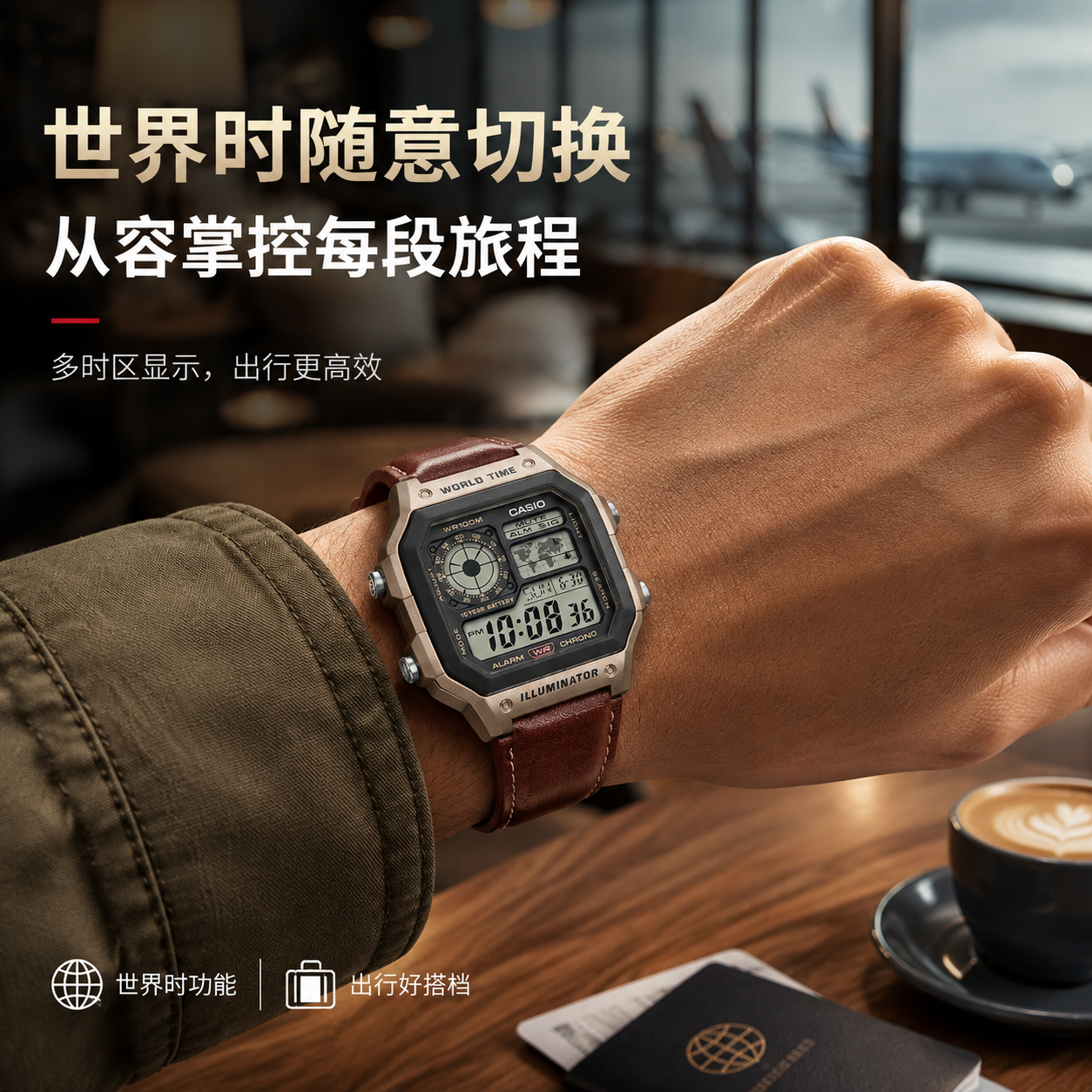 卡西欧主图海报 03：使用痛点——世界尽在腕间，100 米防水 10 年电池，从容掌控每段旅程