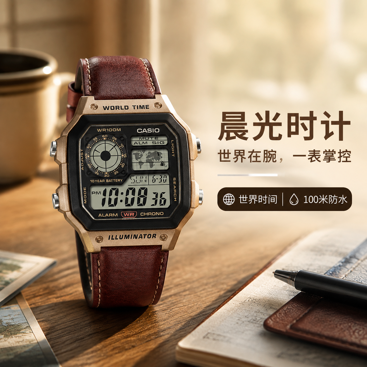 卡西欧主图海报 01：场景主图——晨光时计世界在腕间，皮表带配明线缝制 100 米防水 10 年电池
