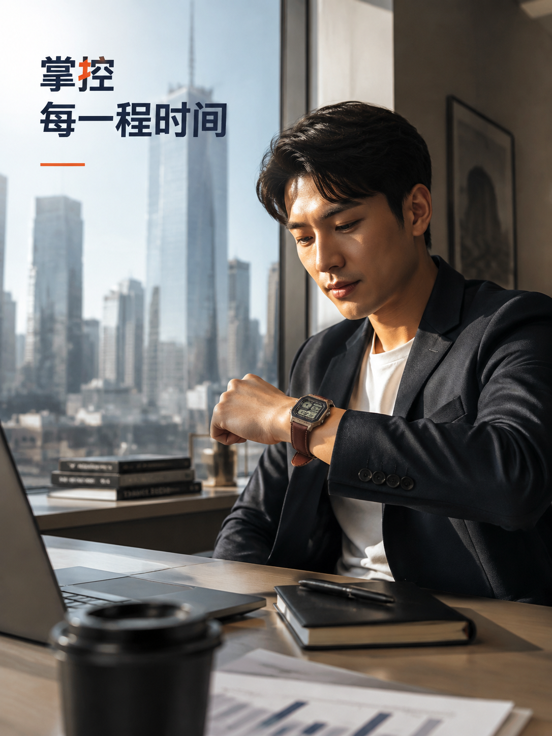 卡西欧详情页 03：场景 1——掌控每一程时间，商务男士办公室看表场景