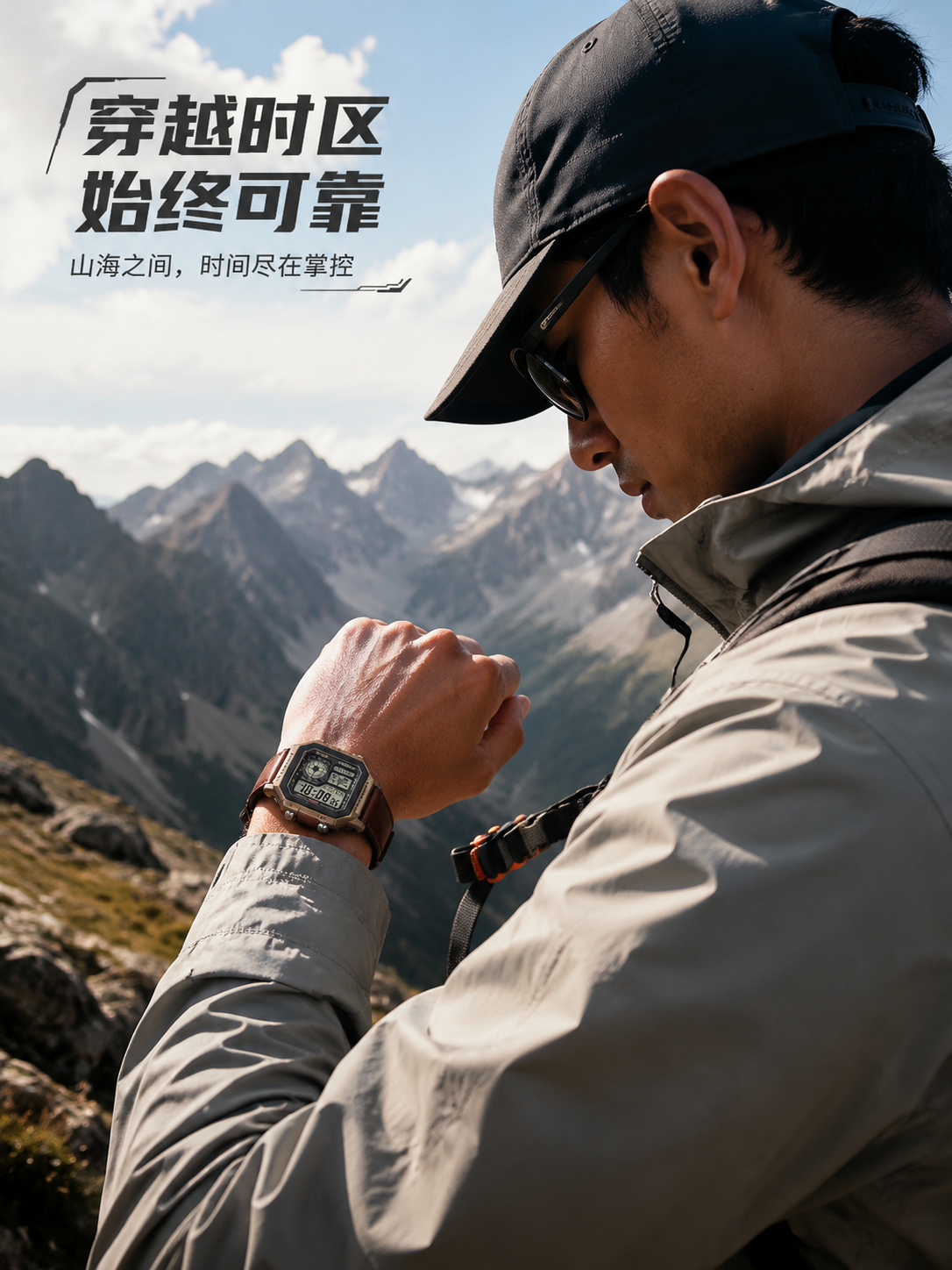 卡西欧详情页 04：场景 2——穿越时区始终可靠，户外登山戴帽男士场景，山海之间时间尽在掌控