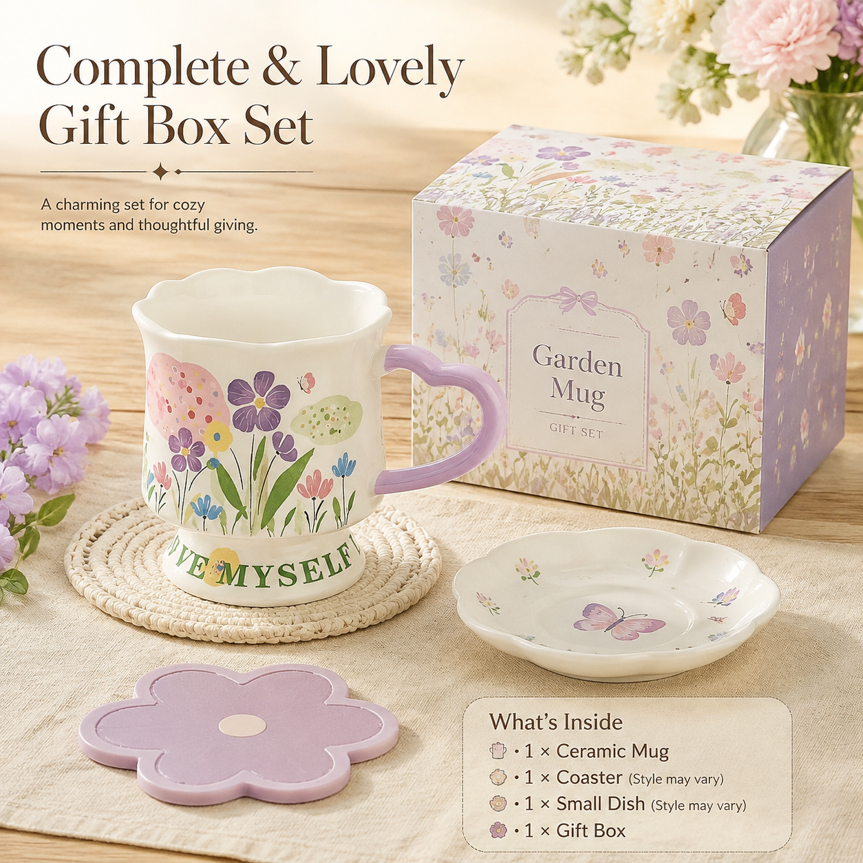 跨境主图·礼盒组合——Garden Mug 礼盒套装，包含杯子、杯垫、碟子、礼盒四件套