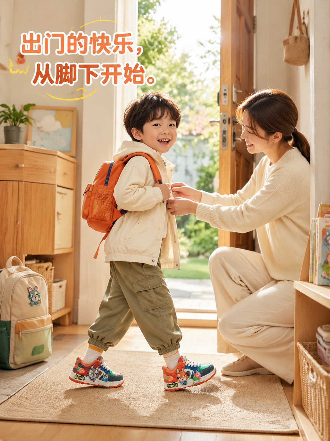 童鞋详情页 03：场景 1 出门的快乐从脚下开始——孩子背书包准备出门，妈妈帮忙整理衣服的玄关场景