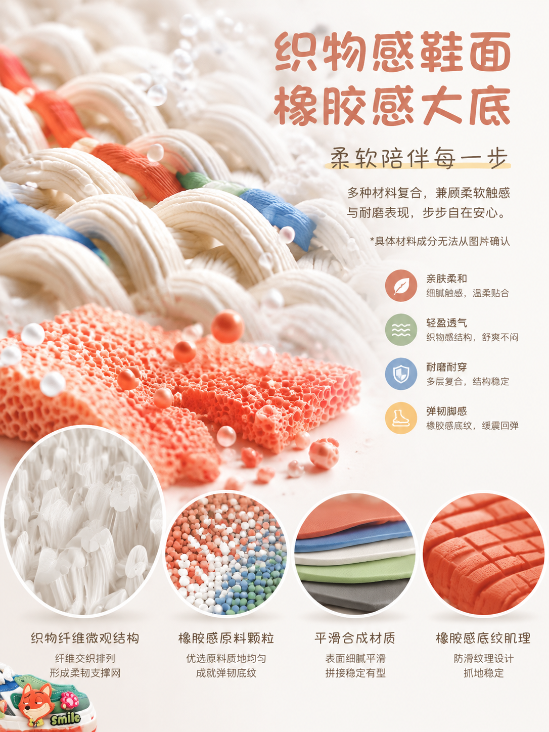 童鞋详情页 08：材料说明——鞋面网布/中底材质/鞋垫可拆洗/透气结构，展示给孩子妈妈看
