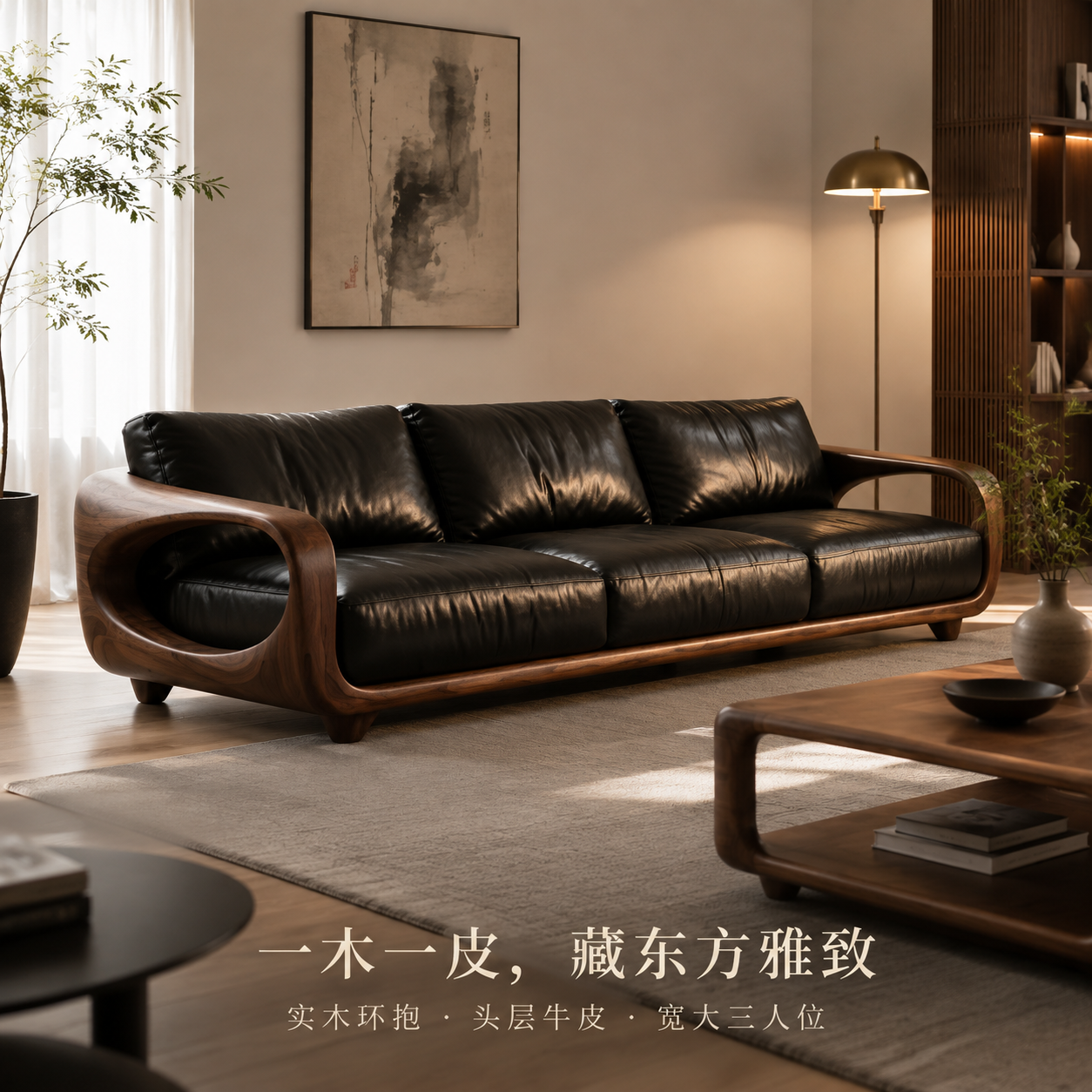白玉楼图创 AI 生成的实木沙发主图 04，1:1 方形规格